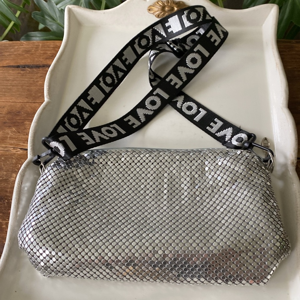 Silver Mesh Crossbody Bag with LOVE Graphic Adjustable Strap by Stefano Roma.